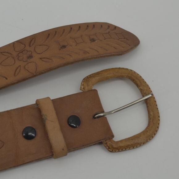 Western Leather Belt Tooled Stitched Brown Cowboy Size 28 - Picture 7 of 13
